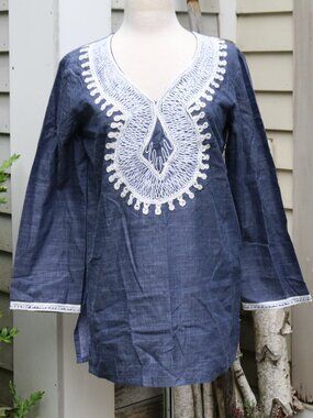 NEW rockflowerpaper Hydra Blue Cotton Embroidered White Lace Yoke Tunic Sz MED